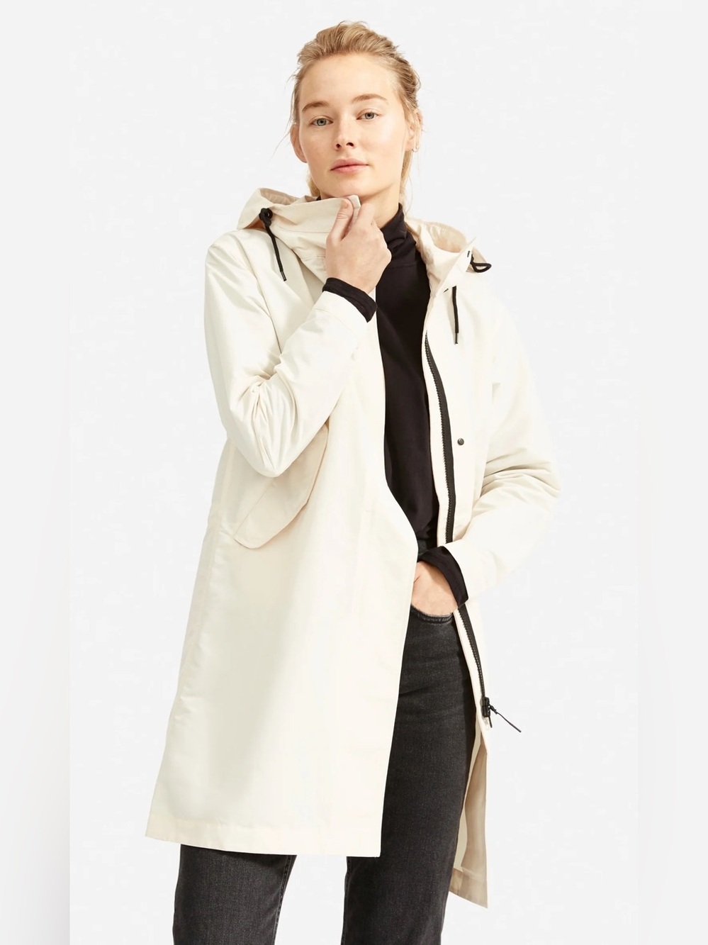 Everlane The Renew Anorak in canvas Cream Hooded Trench Coat with Black Zip Trim